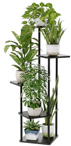Bamworld Porta Piante da Interno ed Esterno a 5 Ripiani Nero– Fioriera in Legno e Metallo, Scaffale Moderno Salvaspazio per Vasi e Piante, Porta Vasi Decorativo per Giardino, Balcone, Soggiorno