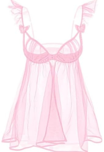 mini kitty Sexy Babydoll Lingerie Set for Women Sheer See Through Mesh Nightdress Open Front Teddy Sleepwear Pyjamas with G String V Neck Chemise for Valentine Honeymoon (pink, One Size)