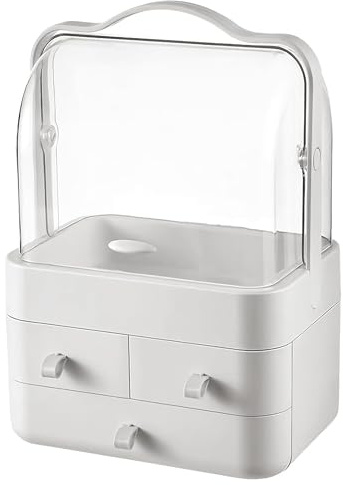 ASAB Cosmetic Storage Box with Lid Makeup Storage Organiser Box Waterproof and Dustproof Portable Handle Large Makeup Display with 3 Drawers Fully Open Clear Lid for Dressing Table Bathroom Bedroom