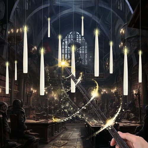 MeYuxg schwebende Kerzen mit Zauberstab, 12 Stück Fliegende Kerzen Flackernde Floating Candles LED Stabkerzen Schwimmkerzen für Halloween Weihnachten Hochzeit Party Deko