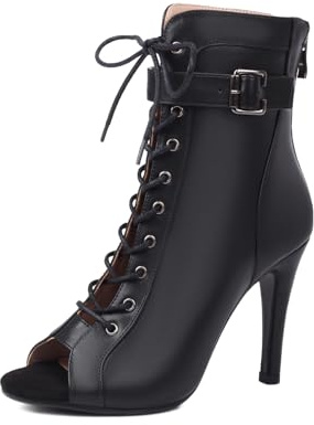 VCIXXVCE Stivali da Ballo Latino Nero Americano Donna con Punta Aperta Lacci Stivaletti da Ballo Jazz Salsa Bachata con Tacco Alto, 37 EU