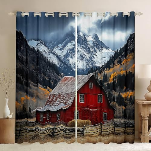 Manfei Red Barn Curtains Blackout,Retro Farmhouse Cabin Wooden Fence Countryside Window Drapes,Natural Mountain Pine Trees Rustic Window Treatment Grommet Top 2 Panels Decor,52Wx96L