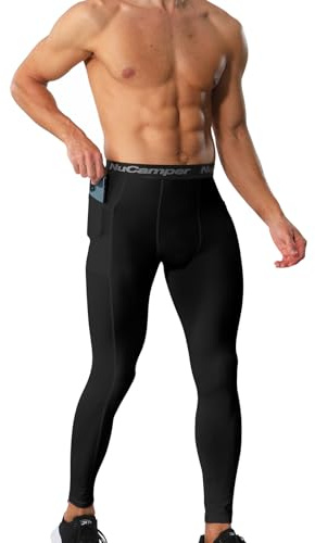 NuCamper Men's Running Leggings with Pockets, Compression Trousers Base Layer Sports Tights Leggings, Quick Dry Tight Thermal Pants for Athletic Workout Fitness Basketball Gym