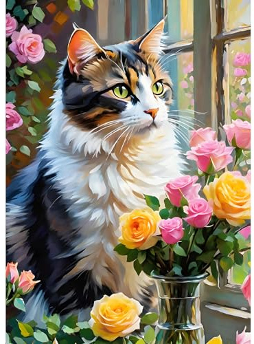 DPHERO Calico Cat Diamond Painting Kits for Beginners Adults,5D DIY Rose Flowers Diamond Art Kits,Round Full Drill Window Gem Art Crafts,DIY Kitten Painting by Numbers for Home Wall Decor 12x16 inch