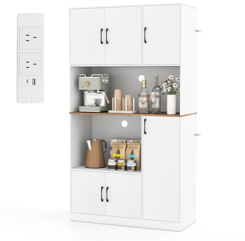COSTWAY 180cm Tall Kitchen Cupboard, 6-Door Buffet Pantry Storage Cabinet with Built-in Power Outlet & Anti-tipping Device, Freestanding Sideboard Organizer Unit for Dining Room Living Room (White)