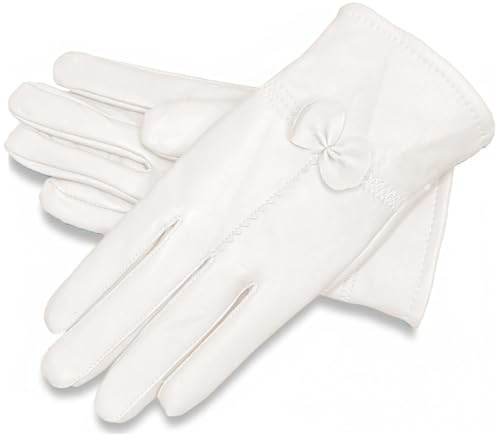 Gants en Cuir pour Femmes Hiver, Gants en Peau de Mouton véritable avec Doublure en Polaire, Mitaines de Conduite Chaudes pour Femmes, Blanc, Cuir pour