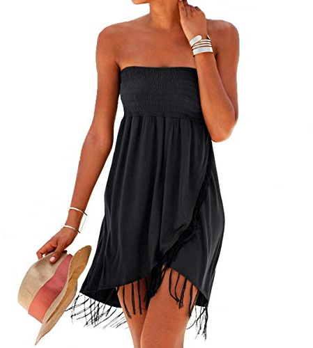JLTPH Robe Bandeau d'Été de Couleur Unie avec Gland pour Femmes - Robe de Soirée Sans Bretelles pour Cocktail et Plage