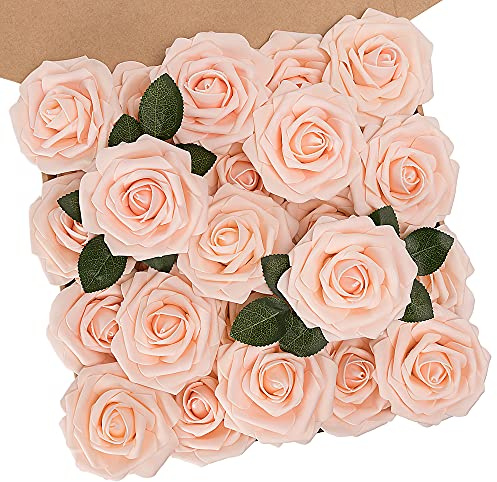 N&T NIETING Fiori Artificiali, Rosa Artificiali 25 Pezzi Schiuma Teste di Rose Finte Aspetto Reale con Foglia e Gambo Regolabile per DIY Matrimoni Mazzi Nuziale Festa Casa Stanza Decorazioni (Blush)