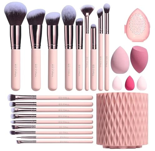 BS-MALL Makeup Brushes Premium Synthetic Foundation Powder Concealers Eye Shadows 18 Pcs Brush Set with 5 sponge & Holder Sponge Case (A-Pink)