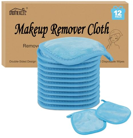HOMEXCEL Makeup Remover Cloth 12 Count (Pack of 1), Reusable Makeup Remover Pads, Washable Ultra Soft Facial Cleansing Cloths For All Skin Types, 5 X 5 In, Blue