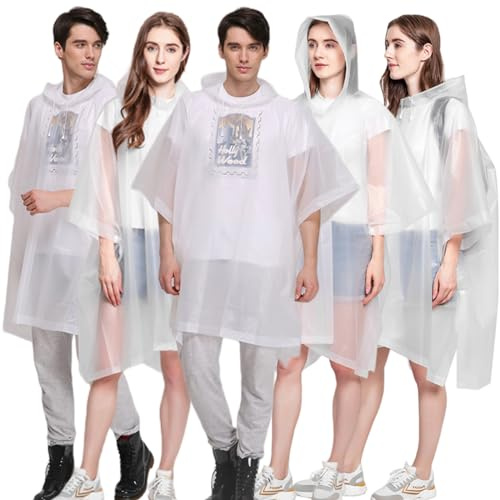 Rain Ponchos for Adults (2-5 Pack), Reusable EVA Rain Poncho Portable Rain Coats for Men and Women Waterproof with Hood (5 White)