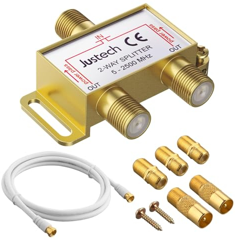 Justech 2Vías Divisor de TV Chapado en Oro Distribuidor de Antena Splitter SAT con 1 Cable Coaxial MoCA de 5-2500MHz 2 Adaptador F 3 F a F Inline Joiner para Sky Box Telewest Eurovox Starview Dreambox