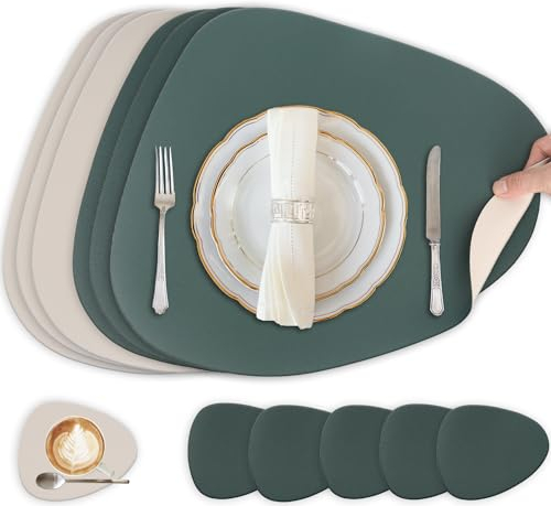Tischsets und Untersetzer 6er Set,Platzsets Abwaschbar und Doppelseitigen rutschfest Platzdeckchen,Tischset Leder Kunstleder,Platzset Lederoptik,Platzdeckchen wasserdicht(Oval,Kieferngrün/Beige)