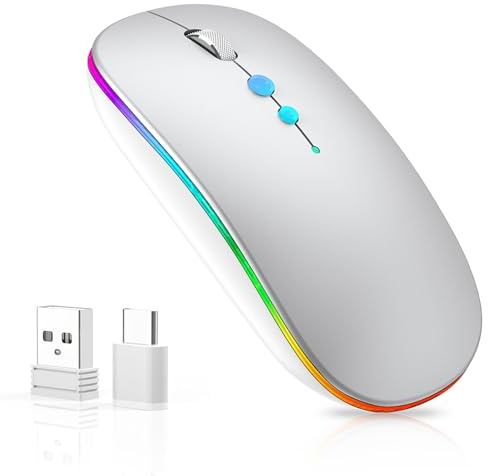 LED Kabellos Maus für Computer,Tragbare PC FunkMaus Wiederaufladbar mit 2,4GHz USB/USB-C Dual Empfänger, DPI,Zurück Taste -kompatibel mit TypeC-Geräten/AppleMacBook Air/Pro,iPad,Laptop,Tablet(Silber)