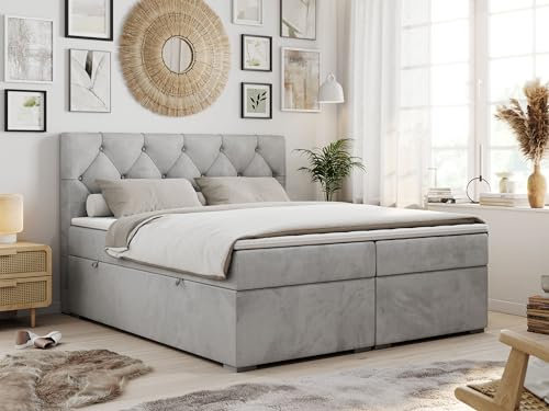 MKS MEBLE Boxspringbett 200x200 mit Matratze und Topper, Boxspringbett mit Bettkasten und Kopfteil- Alda - H3 Hellgrau Velvet