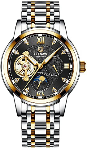 GLENAW Klocka automatiska klockor för män skelett diamant lyxig mekanisk självuppdragande klänning armbandsur vattentät självlysande, Guld, Modern