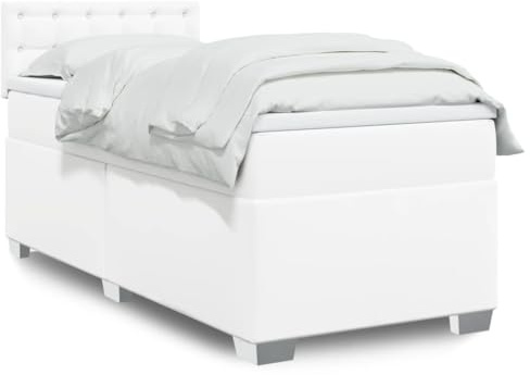 vidaXL Boxspringbett, Einzelbett mit LED Matratze Matratzenauflage, Bettgestell mit Lattenrost Kopfteil, Polsterbett Bett für Schlafzimmer, Weiß 100x200cm Kunstleder