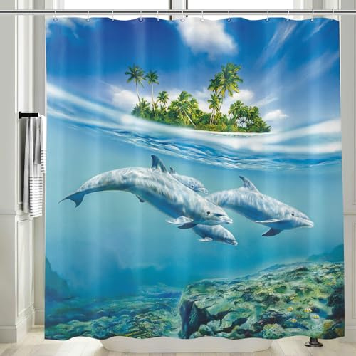 Vgzsyomqib Delphin Meer Duschvorhang 180x200 Lang Anti Schimmel Wasserdicht für Badewanne Stoff Shower Curtains Delfin Palmen Blau Unterwasserwelt Motiv Duschvorhänge Waschbar Textil