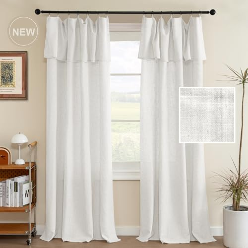 H.VERSAILTEX Linen Curtains with Valance 84 Inch Length for Living Room Boho Window Curtain, Drapes 2 Panels Set for Farmhouse Semi-Sheer Treatments Rod Pocket/Ring Top 52 x 84 Inch, Natural White