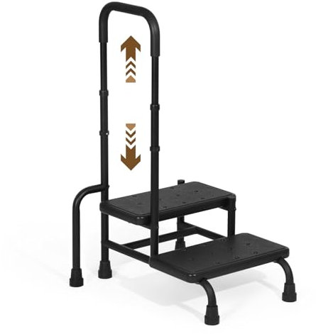 OUDUCK Step Stool with Handle, Medical 2 Step Stool for Elderly with Adjustable Handrail and Reinforced Leg, Bed Steps for High Beds for Adults, Seniors, Handicap, 350LBS