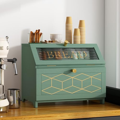 MROJISC Wooden Bread Bin 2 Tier Bread Storage Box, Green Bread Bin Large with Transparent Window Bread Box Kitchen Bread Box for Kitchen, Worktop, Food Storage