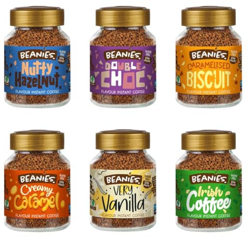 Beanies - Classic Starter Pack, Signature Flavoured Coffee Combo, 6 x 50g (300g), Vegan, Premium Taste, Freeze-Dried, Easy to Brew, Rich in Flavour, Low-Calorie, Sugar-Free