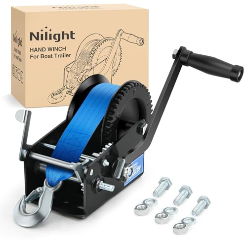 Nilight Boat Trailer Winch 3500 LBS Hand Crank Winch Heavy Duty Boat Winches with 33 FT Blue Strap Rope Hook Two Way Ratchet 4:1 8:1 Gear Portable Marine Manual Winch for Trailers Boat RV ATV Towing