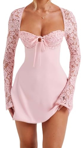 LYSINK Women Mini Lace Dress Low-Cut Lace Floral Long Sleeve Backless Lace Up Bodycon A-Line Short Dress Cocktail Streetwear (Ba Pink, M)