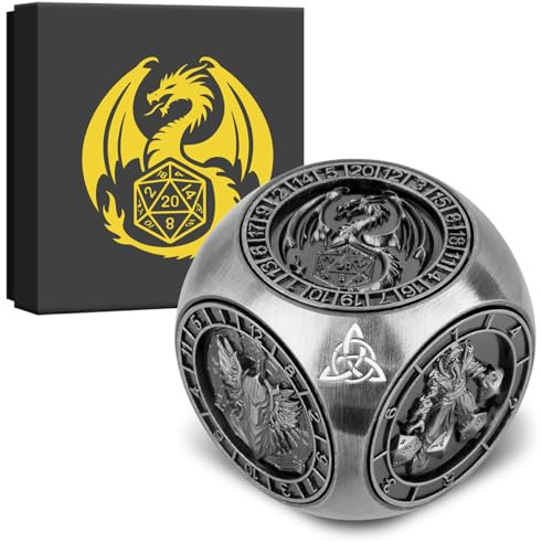 Dés Rotatifs du Bout des Doigts DND, 7-en-1 Métallique D&D Dés avec Relief 3D, Dés Polyédriques Tournants D&D, Cadeaux DND avec Boîte Cadeau, RPG, Jeu de Rôle, Accessoires de Jeu de Société, Argenté