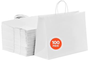 VEVOR Sac Papier Kraft, Lot de 100, Sac Cadeau avec Poignées, 406 x 152 x 308 mm, Grands Sacs d'Épicerie Réutilisables, Emballage de Courses, pour Anniversaires, Mariages, Shopping, Cadeaux, Blanc
