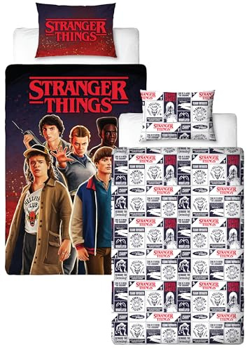 Stranger Things Juego de Funda Nórdica Individual con Diseño de Llamas con Licencia Oficial, Ropa de Cama Reversible de 2 Caras Que Incluye Funda de Almohada a Juego, para Dormitorio Infantil