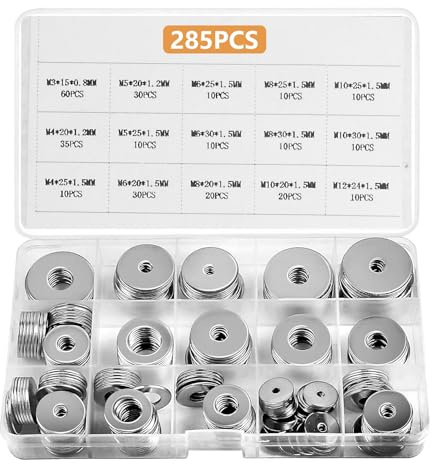 285 PzRondelle Piatte, Assortimento di Rondelle in Acciaio Inossidabile, Rondelle Metalliche Tenuta, Guarnizioni Distanziali in Acciaio Inox per Viti Bulloni Barra Filettata, M3 M4 M5 M6 M8 M10 M12