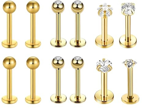 louuuou 12PCS Gold Tragus Piercing Jewellery, Lip Piercing Jewellery Tragus Earrings Flat Back Nose Stud Piercings Nose Stud Flat Back Lip Studs Labret Bars Stainless Steel Earrings Piercings 8-12mm