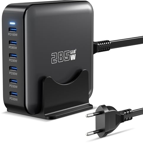 285W USB C Ladegerät, PD 100 W + 65 W Schnellladegerät 6 Port Ladestation GaN-III Charger, Netzteile Kompatibel mit MacBook Pro/Air, Dell XPS, iPhone 15/16/14/Pro, Samsung, Xiaomi, iPads, Steam Deck