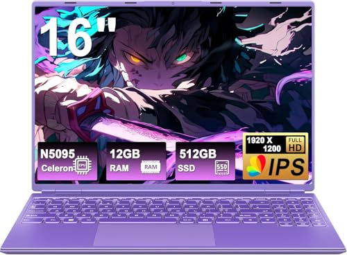 HUQPPQ 16 Inch Gaming Laptop, Celeron N5095 (Up to 2.9GHz),12GB RAM 512GB SSD, FHD 1920×1200 IPS Display, 1TB Expandable, WiFi 6, Win11 Pro,Type C, Portable Laptops for Work & School-Purple