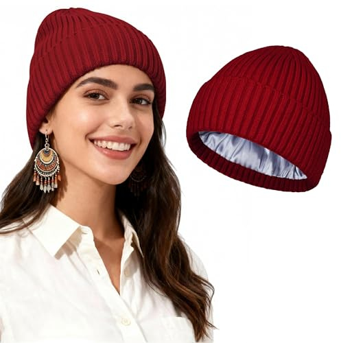 TSKNOMO Bonnet Chic doublé de Satin – Bonnet d’Hiver Chaud en Tricot pour Femme & Homme, Style Tendance Unisexe