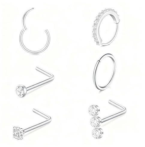 xwnyzw 6 Pcs 7/8mm Silver Nose Ring Silver NOse Studs, L Shape Nose Piercing NoSE Rings,NoSE Piercing Jewellery, Applicable for Birthday Graduation Mothers' Day Thanksgiving Noses PierCings