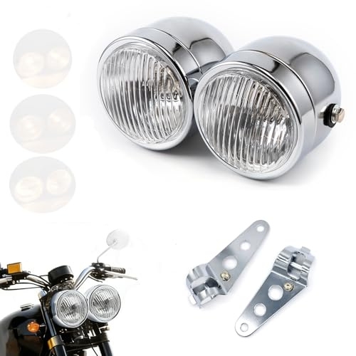 APEBAZY Phare double pour moto chromé avec support de montage Double phare avant rond pour Bobber Street Fighter Naked Cafe Racer