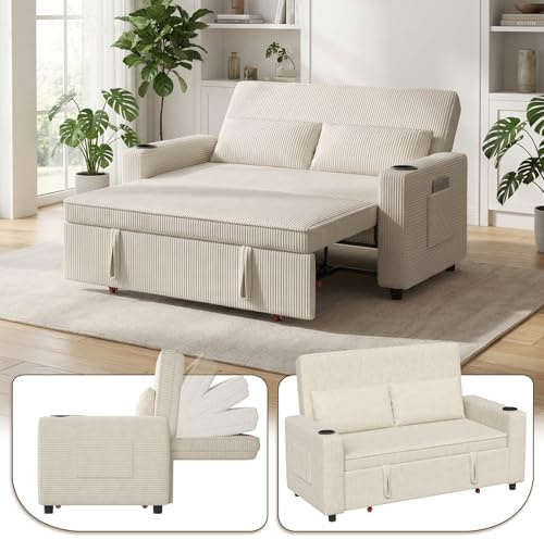 Devoko Divano Letto 2 Posti in Velluto Divano Matrimoniale Prontoletto Estraibile con Schienale Regolabile in 5 Posizioni per Soggiorno, Camera da Letto o Ufficio, 69P x 141L x 88H cm, Beige