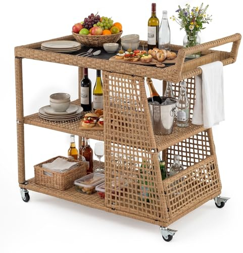 COSTWAY Carrito de Servicio de 3 Niveles, Carrito de Cocina de Ratán PE con Ruedas Universales Bloqueables, Estantes Abiertos y Asa Lateral, Mesa Auxiliar Móvil de Exterior para Jardín Patio Terraza