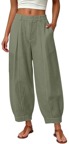 ziubauyke Womens Barrel Leg Trousers Cotton Linen Balloon Pants Ladies Summer Casual Elasticated Waist Harem Trousers Loose Fit Wide Leg Trouser Boho Beach Vacation with Pockets
