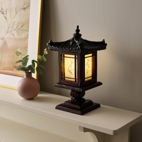Lámpara de madera tallada Pabellón coreano tradicional hecho a mano Diseño de la pagoda Linterna Art Deco Marrón Asiático Oriental Mesita de noche Acento del dormitorio Luz de mesa inusual (Pabellón)