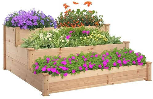 Outsunny 470L Raised Garden Bed, 3-Tier Planter Kit, Elevated Wooden Planters for Garden, Yard & Patio, 124 x 124 x 56 cm