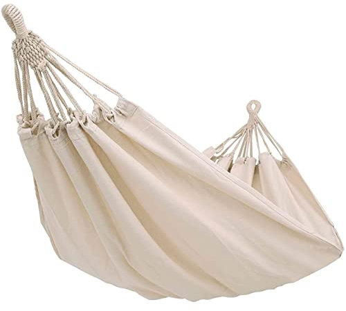 Tradineur - Hamaca Colgante de algodón 210 x 150 cm. Hamaca de Lona Natural, Ligera con Cuerdas para Exterior, Camping, terraza o jardín (Blanco Roto)