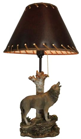 Ebros Gift Woodlands Forest Twilight Zone Lone Alpha Grey Wolf Howling by Birchwood Tree Desktop Side Table Lamp with Brown Faux Leather Laced Shade Gray Direwolf Wolves Timberwolves Decor