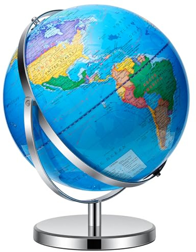 BSHAPPLUS World Globe with Stainless Steel Stand 13 inch, 720 Rotating & HD Waterproof Material, Teaching/Geographic/Decorative Globes with Clear Text for Elementary, Classroom, Home, School, Office