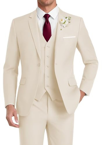 HUUTOE Traje de 3 piezas para hombre, ajustado, para boda, padrinos de boda, graduación, negocios, un botón, chaqueta, chaleco y pantalones, conjunto de esmoquin | Conjunto de chaleco y pantalones de 3 piezas para bodas, bailes, fiestas de negocios, ocasiones formales