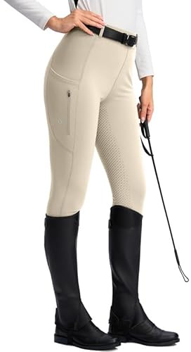 SANTINY Pantaloni da equitazione da donna, con tasche con cerniera, in silicone, con seduta intera, collant per scuola equestre, Beige, XX-Large
