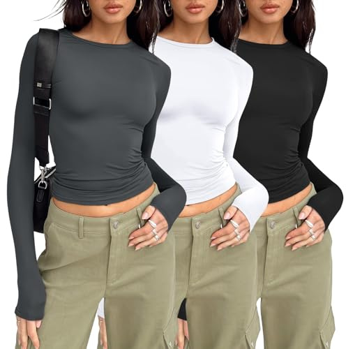 AUTOMET 3 Pack Womens Long Sleeve Crop Tops Basic Fitted T Shirts Slim Fit Crew Neck Y2K Layering Tees Black White Gray S
