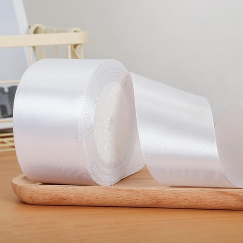 2 Rollen Weiß Schleifenband, Geschenkband Stoffband, Satinband Ribbon Dekoband (50mm/25yard)